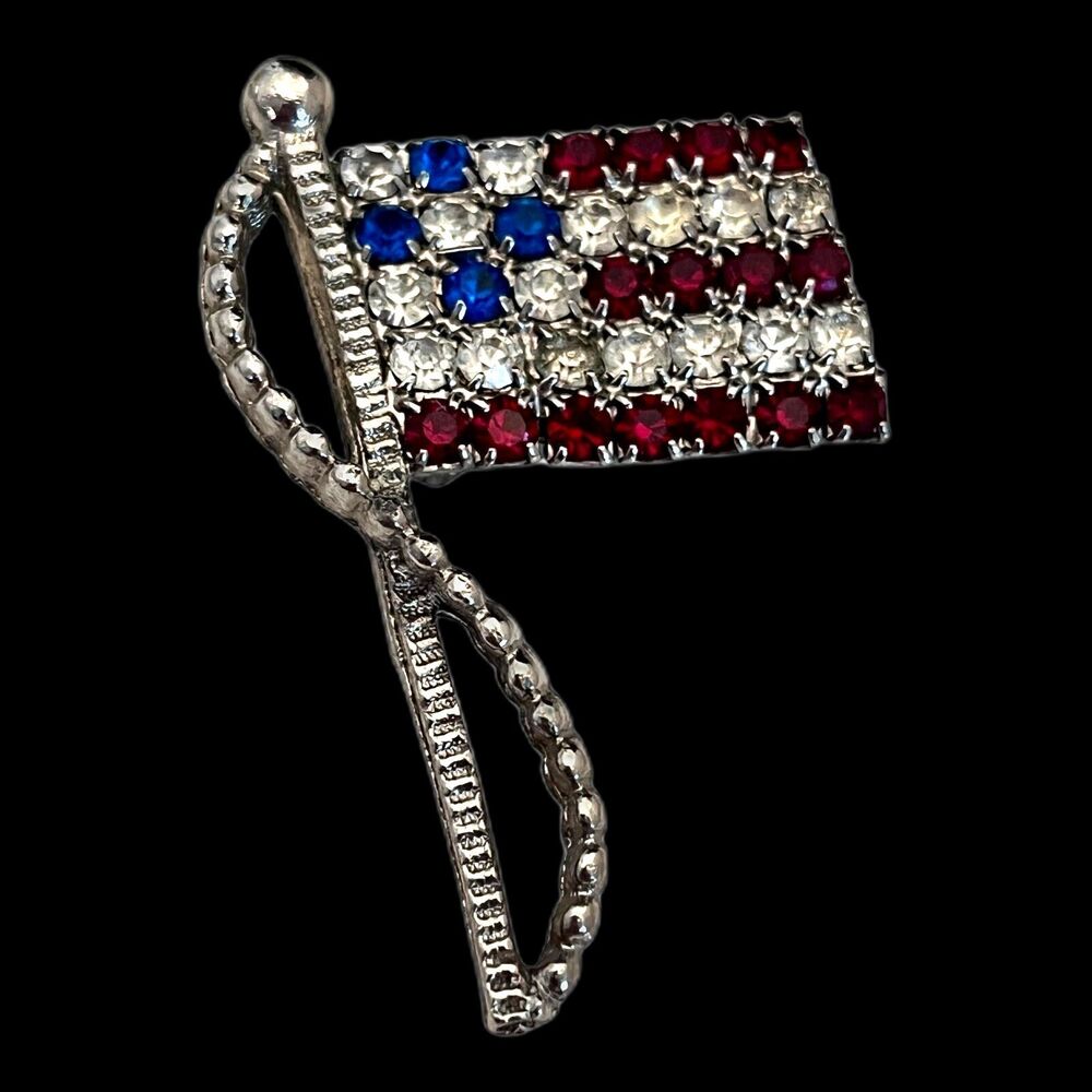 Vintage 1980s Rafaelian American Flag Brooch Pendant Silver Tone Crystal - 12S